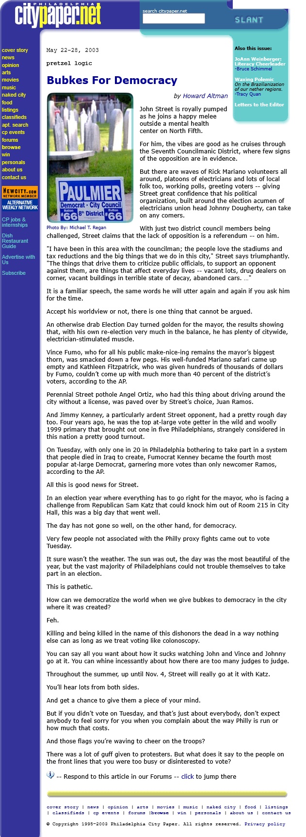 Bubkes for Democracy Pretzel Logic 5/22/2003