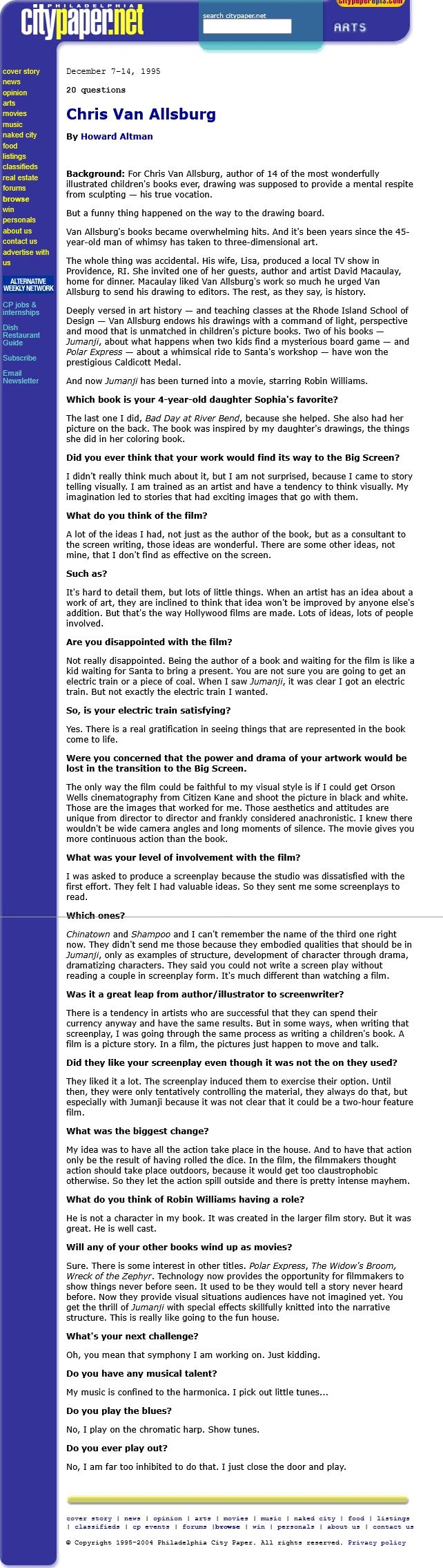 Chris Van Allsburg 20 Questions 12/7/1995