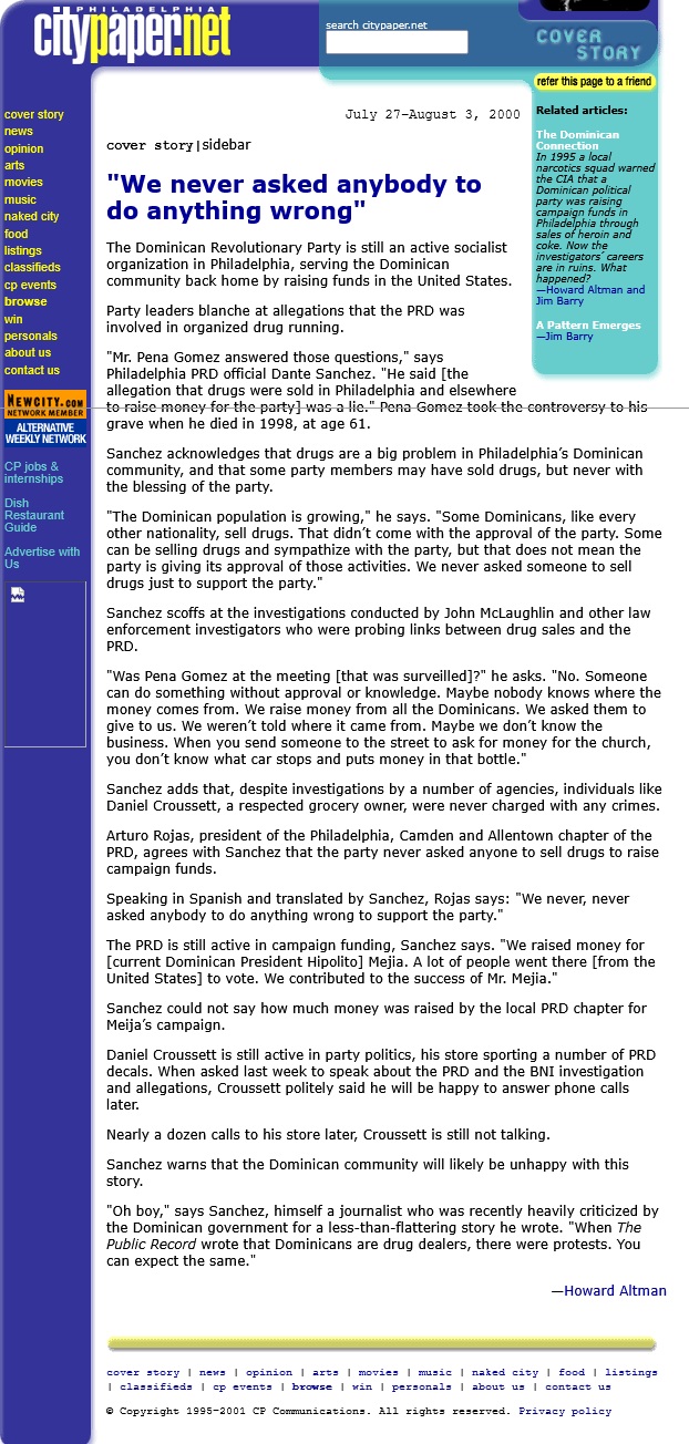 The Dominican Connection Cover Story Sidebar by Howard Altman City Paper 7/27/2000