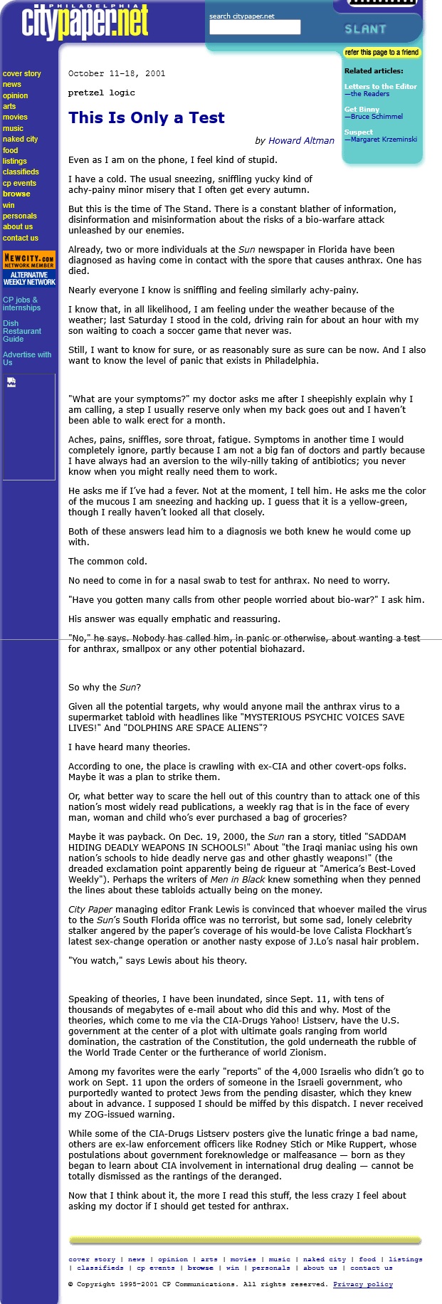 This is Only a Test Pretzel Logic City Paper 10/11/2001