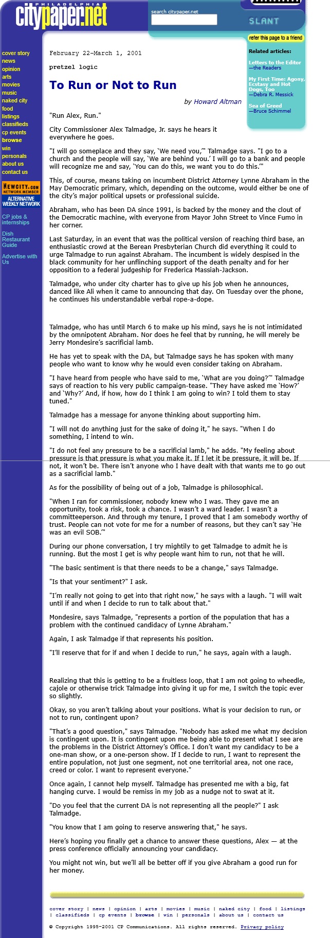 to run or not to run pretzel logic 2001-02-22