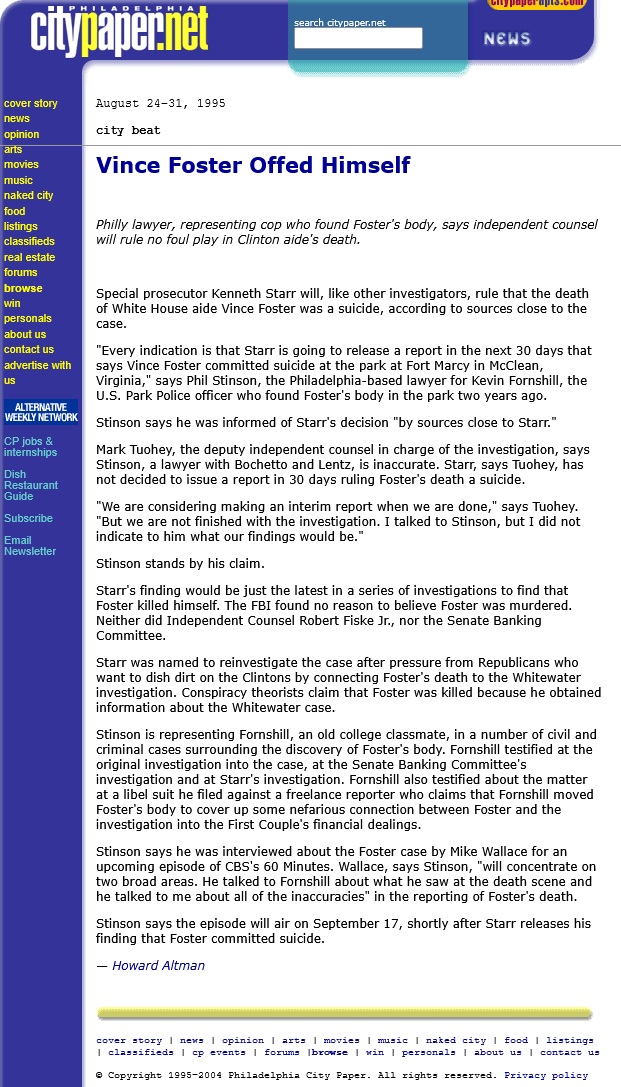 Vince Foster Offed Himself City Beat 8/24/1995